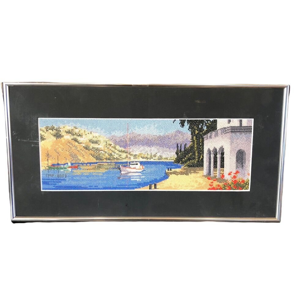 2003 Framed Embroidered Needlepoint Crewel Grand Canal Boat Lake Italy Fine